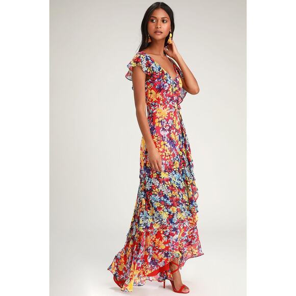 NWOT Lulus Ruby Red Floral Print Ruffle Chiffon Maxi Wedding Guest Dress Sz M - Picture 6 of 8